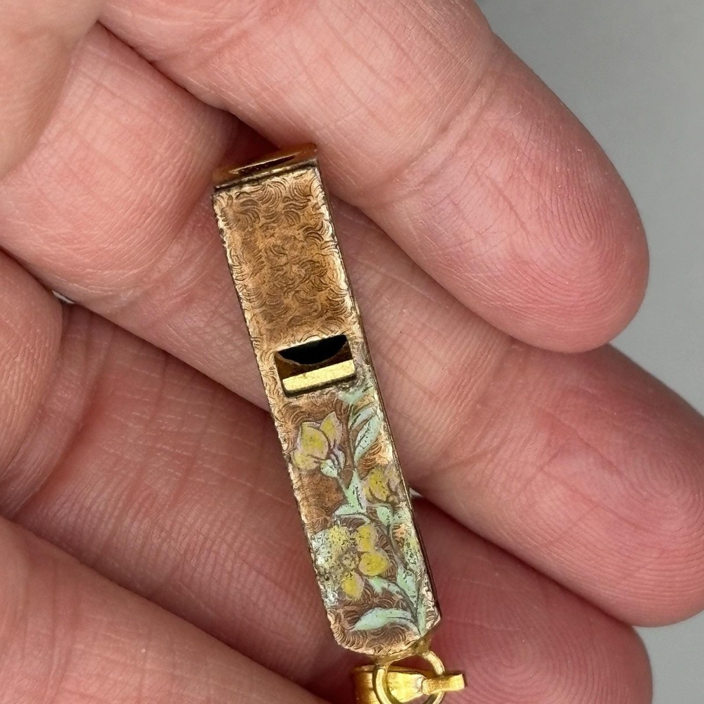 Vintage Whistle Pendant Gold Tone Enamel Floral Boho Festival RARE - Picture 4 of 10